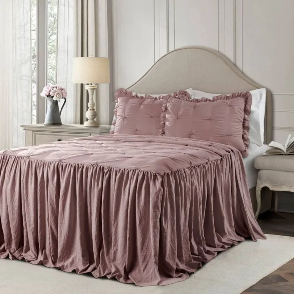 Lush Decor - Queen 3pc Ravello Pintuck Ruffle Skirt Bedspread & Woodrose